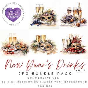 Imágenes prediseñadas de Año Nuevo / Imágenes prediseñadas de bebidas de Año Nuevo / Bebidas de acuarela / JPG de alta calidad / Diario basura / Uso comercial / Scrapbooking