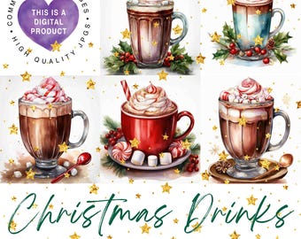 Watercolor Christmas Drinks JPG Clipart Bundle, Commercial Use, Digital Download
