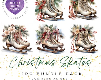 Christmas Skates Clipart: Watercolor JPG Images (Digital Download)