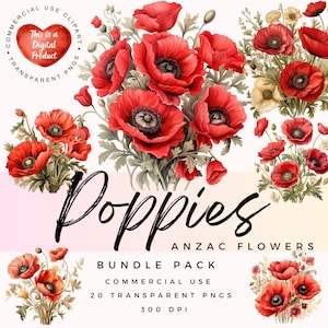 Poppies Clipart | Anzac Flowers Clipart | PNGs de alta qualidade | Scrapbooking | Junk Journal | Paper Craft | Ephemera | Collage | Uso comercial