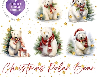 Christmas Polar Bear JPG Clipart Bundle, Digital Download, Commercial Use