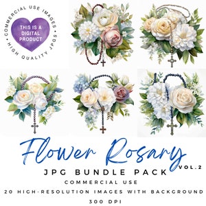 Clipart del rosario dei fiori / Clipart religiosa / Clipart dell'acquerello / Illustrazione religiosa / Santo Rosario / JPG di alta qualità / Creazione di biglietti