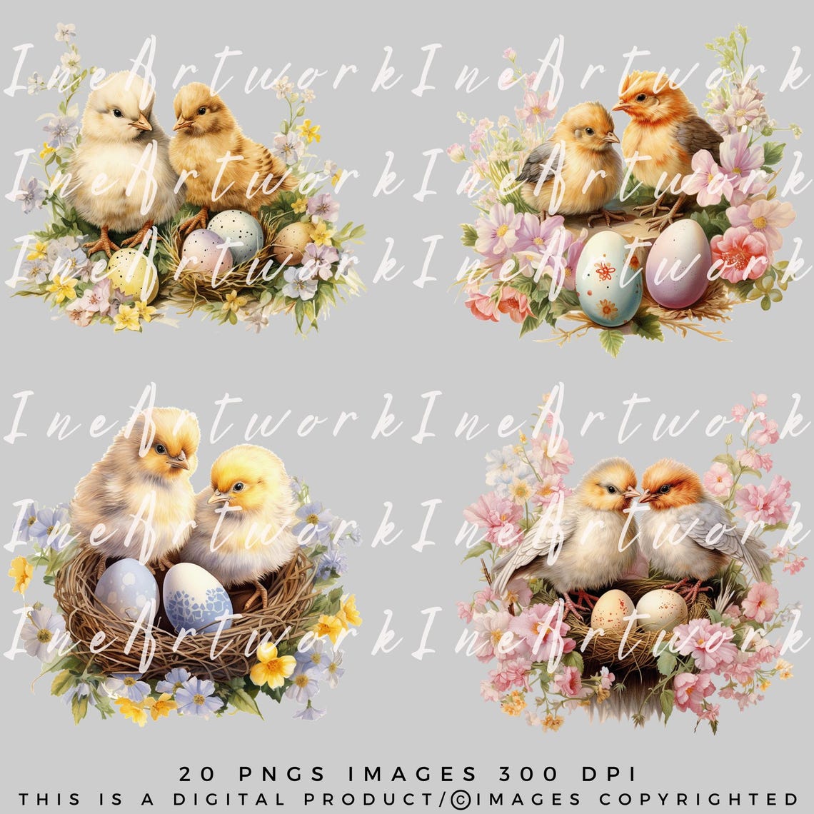 Vintage Easter Chicks Clipart: Watercolor PNG Bundle (commercial Use ...