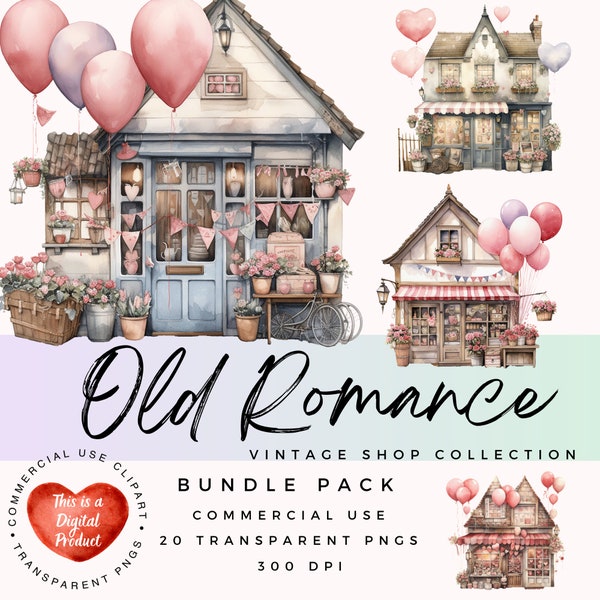 Vintage Shop Clip Art | Commercial use | Old Romance ClipArt | Valentine's Day | Watercolor Shops |  Watercolor Clipart | Vintage Store