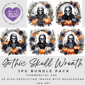 Gothic Skull Wreath Clipart: Halloween Watercolor JPGs (Commercial Use)