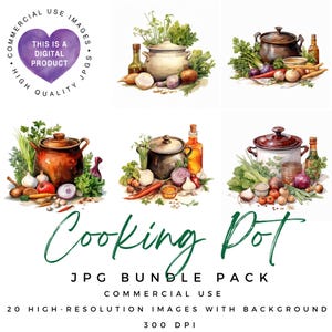 Könnte beinhalten: Ein digitales Illustrationsset mit sechs Aquarellmalereien, die einen Kochtopf mit verschiedenen Gemüsesorten, Kräutern und Gewürzen zeigen. Das Set enthält einen braunen Topf, einen weißen Topf und einen schwarzen Topf, jeweils mit unterschiedlichem Gemüse und Kräutern. Der Text "Cooking Pot" ist in grüner Kursivschrift unter den Bildern geschrieben.