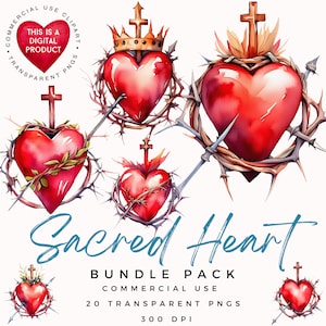 Sacred Heart Clipart | Clipart religijny | Serce akwarelowe | Korona cierniowa | Przezroczyste tło | Użytek komercyjny | Rzemiosło religijne