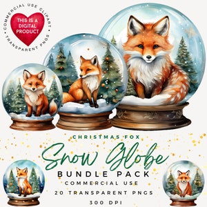 Clipart boule à neige de Noël | PNG de haute qualité | Boule à neige renard | Globo de Nieve | Fond transparent | Journal indésirable | Album |