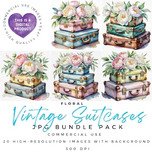 Clipart de maletas vintage con flores / Clipart vintage / Maletas antiguas / JPG de alta calidad / Scrapbooking / Diario basura / Manualidades de papel