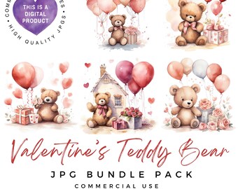 Valentine's Teddy Bear Clipart: Watercolor JPG Images (Digital Download)