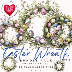 Easter Wreath Clipart: Watercolor PNG Images for Commercial Use (Digital Download)