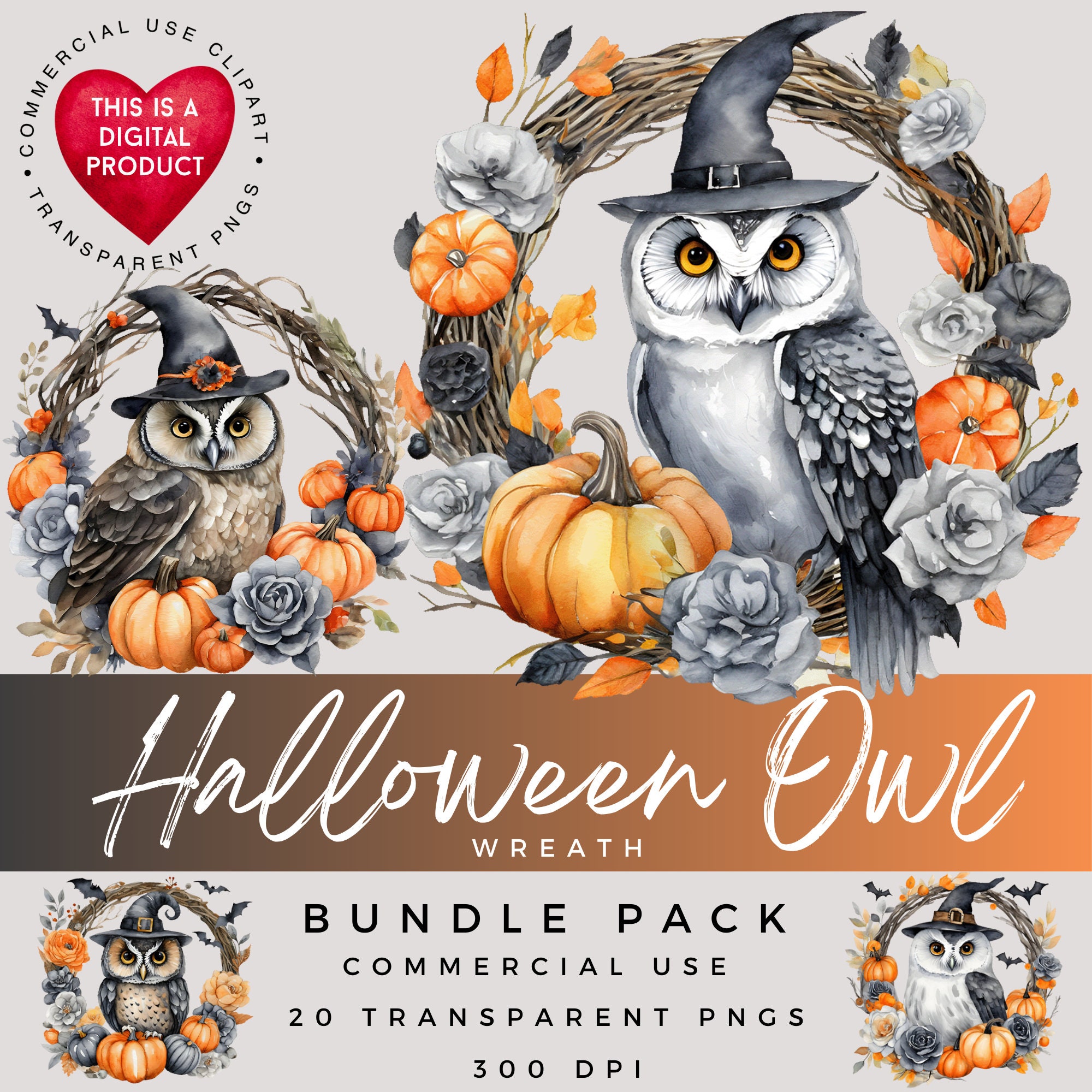 Halloween Owl Wreath Clipart: Watercolor PNG Bundle (Digital Download)
