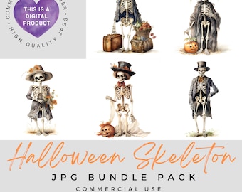Halloween Skeleton Clipart: Watercolor Style JPG Images (Commercial Use)