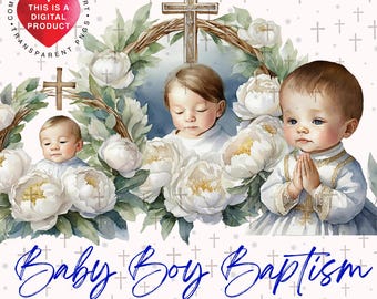 Baby Boy Baptism Clipart Bundle, Religious PNG Graphics,Digital Download, Transparent Background