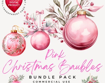 Pink Christmas Baubles Clipart: Watercolor Ornaments (Digital Download)