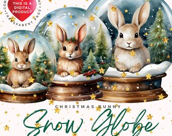 Christmas Bunny Snow Globe Clipart Bundle,Commercial Use, Digital Download PNG, Transparent Backround