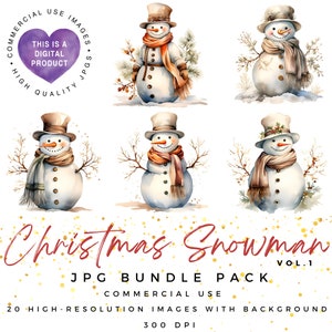 Watercolor Christmas Snowman Clipart | Vintage JPGs (Digital Download)