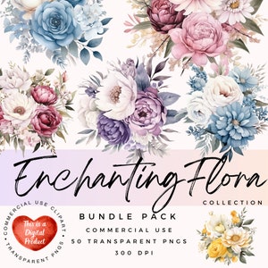 Ramo de flores ClipArt para uso comercial Clipart de flores Colección de flora encantadora Flores de acuarela Estampados florales