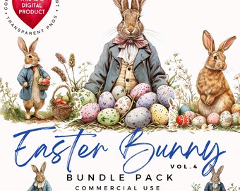 Vintage Easter Bunny Clipart | Watercolor PNG Graphics (Digital Download)