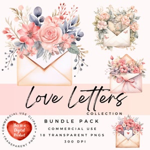 Imágenes prediseñadas de cartas de amor / Uso comercial / Imágenes prediseñadas de sobres / Flores de acuarela / Imágenes prediseñadas de corazones / Día de San Valentín / Imágenes prediseñadas vintage / PNG