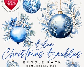 Blue Christmas Baubles Clipart: Watercolor Ornaments (Digital Download)