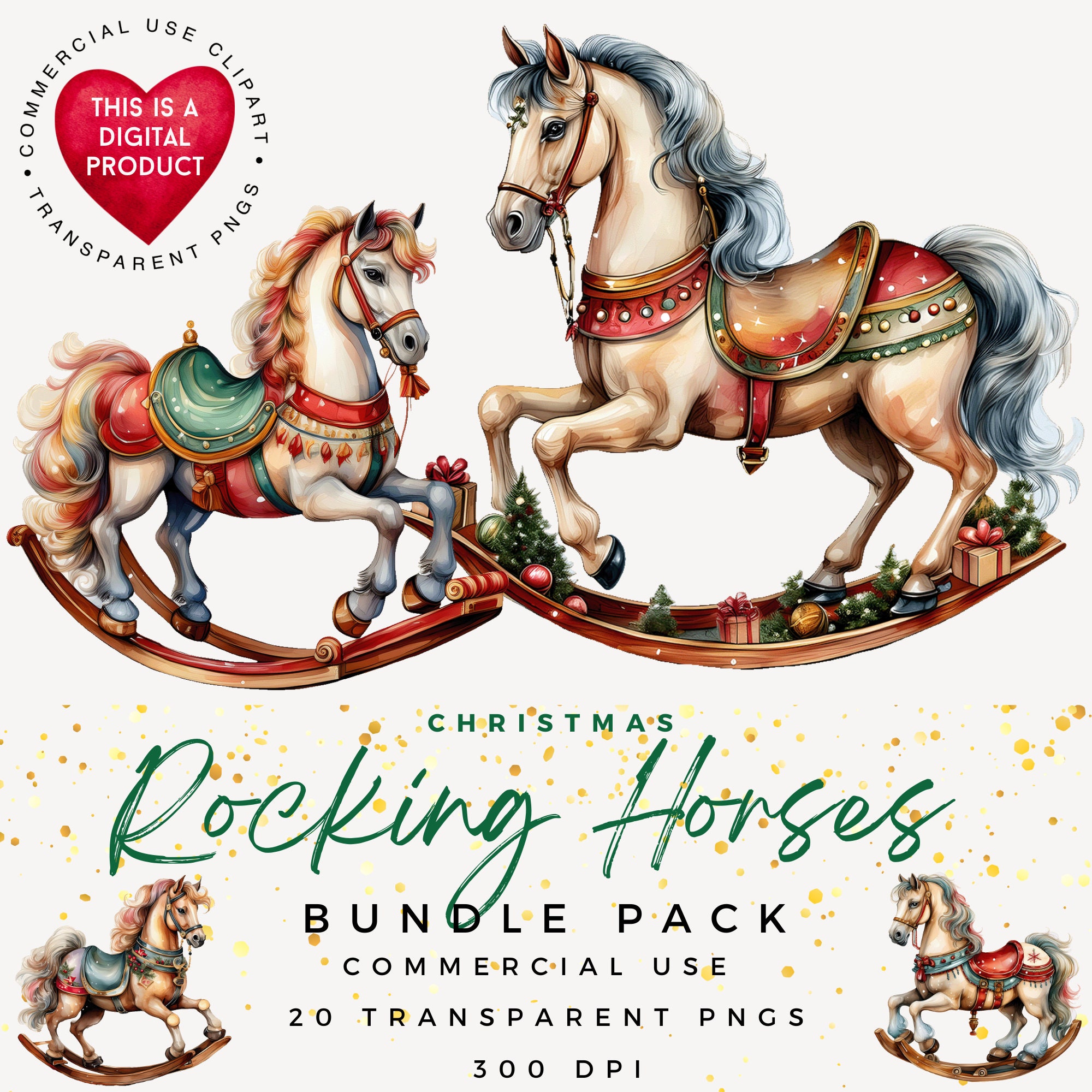 Christmas Rocking Horse Clipart: Watercolor PNG Graphics (Digital Download)