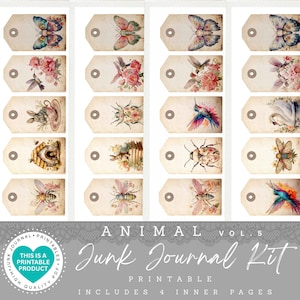 Animal Junk Journal Kit | 40 Tags |  Printable Papers |Tags | Ephemera |Paper Craft |Envelopes |Cards |Tags |Scrapbooking Supplies |PDF-JPG