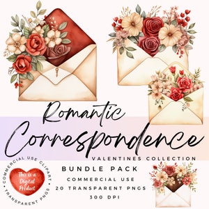 Imágenes prediseñadas de cartas de amor / Sobres de acuarela / Sobres florales / Día de San Valentín / PNG de alta calidad / Scrapbooking / Diario basura