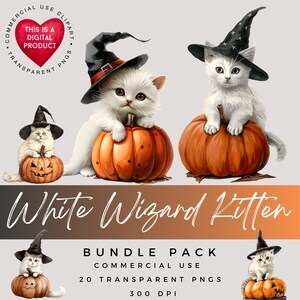 May include: Three white kittens wearing black witch hats are sitting on orange pumpkins. The kittens have blue eyes and are looking at the camera. The pumpkins are decorated with jack-o'-lantern faces. The text "White Wizard Kitten" is written in a large font below the kittens.