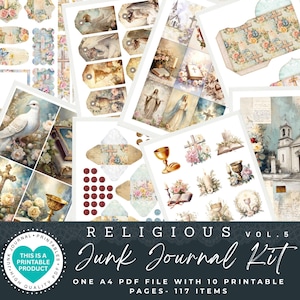 Kit de Diário Religioso | 117 Itens | Papéis de Diário Religioso | Kit de Papel para Scrapbook Digital | Folha | Padrões Religiosos | Primeira Comunhão