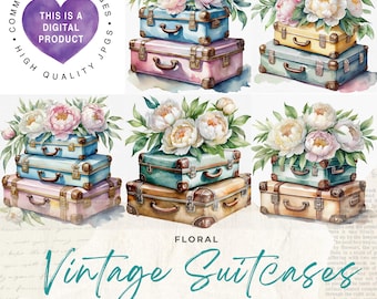 Clipart-Bundle mit floralen Vintage-Koffermotiven, kommerzielle Nutzung, digitaler Download (JPG)