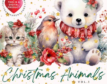 Watercolor Christmas Animals Clipart Bundle,Commercial Use, Digital Download PNG, Transparent Background