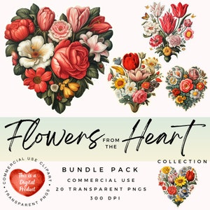Clipart de corazón de flores / Clipart de San Valentín / Clipart de flores / PNG de alta calidad / Scrapbooking / Diario basura / Manualidades de papel / Efímeras