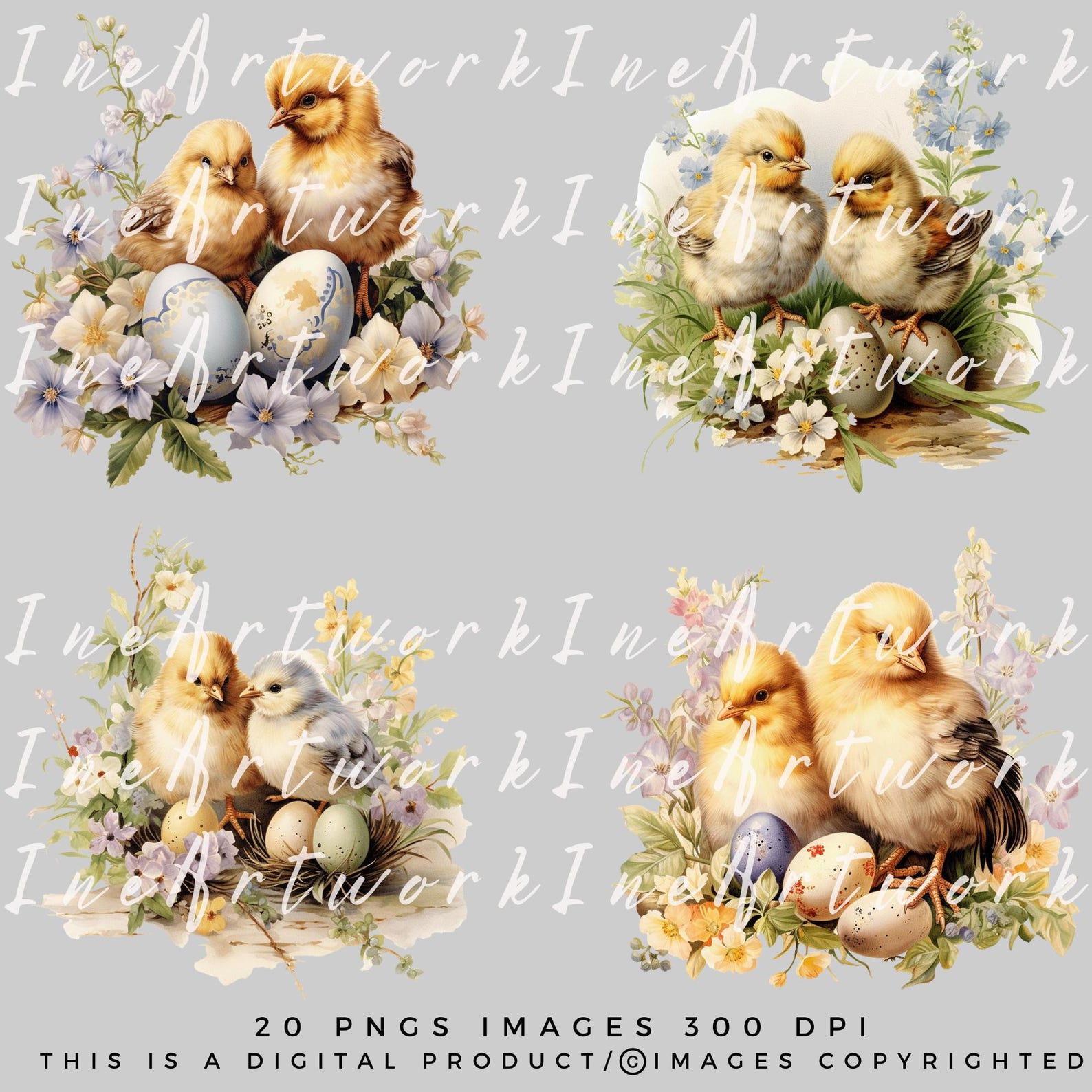 Vintage Easter Chicks Clipart: Watercolor PNG Bundle (commercial Use ...