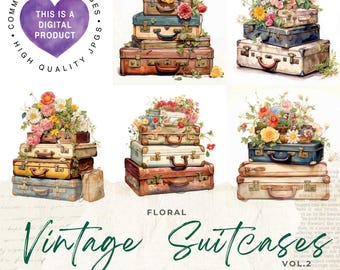Vintage-Koffer-Clipart-Bundle mit Blumenmuster, kommerzielle Nutzung, digitaler Download (JPG)