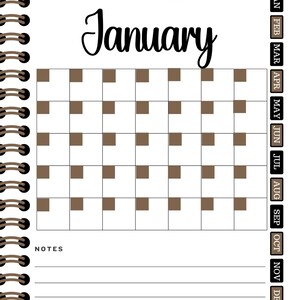 May include: A printable calendar page for the month of January. The calendar has a simple design with brown squares for each day of the month. The calendar is labeled "January" and has a space for notes at the bottom.