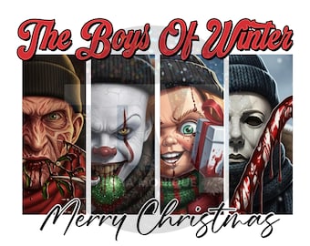 Puede incluir: Gráfico con cuatro personajes de películas de terror: Freddy Krueger, Pennywise, Chucky y Michael Myers. El texto "The Boys Of Winter" y "Merry Christmas" se muestra en fuentes rojas y negras.