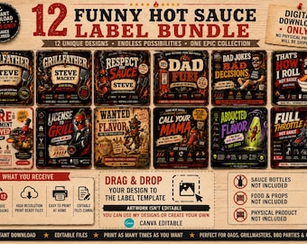Lot d'étiquettes drôles pour sauce piquante | Toile modifiable | Cadeau barbecue pour la fête des pères | Téléchargement instantané