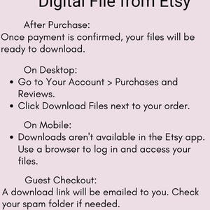 May include: A light pink graphic with black text detailing how to download digital files from Etsy. Instructions are provided for desktop and mobile users, along with information for guest checkout. The text is easy to read.