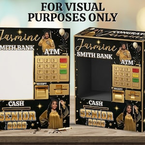 May include: Two black and gold ATM-shaped boxes with the text "Jasmine Smith Bank" and "Senior 2026". The boxes have a graduation theme, with images of a graduate and the word "Congrats". The boxes are decorated with gold accents and balloons.