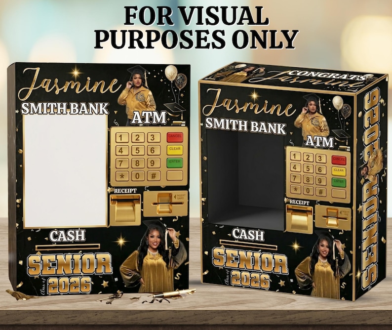 May include: Two black and gold ATM-shaped boxes with the text "Jasmine Smith Bank" and "Senior 2026". The boxes have a graduation theme, with images of a graduate and the word "Congrats". The boxes are decorated with gold accents and balloons.