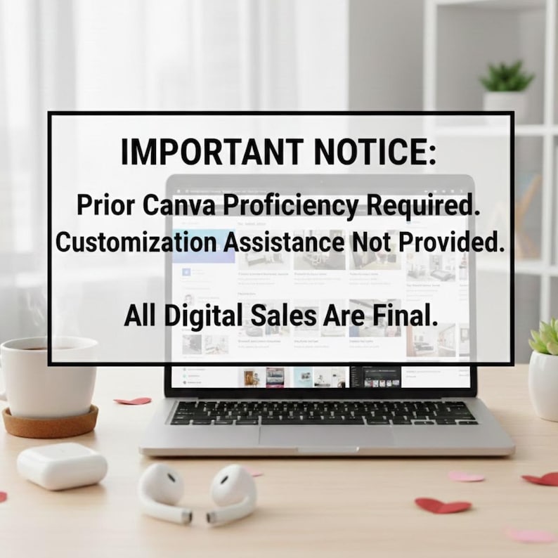 May include: A laptop displaying a website, with a white coffee cup, wireless earbuds, and a charging case on a wooden desk. The text "IMPORTANT NOTICE: Prior Canva Proficiency Required. Customization Assistance Not Provided. All Digital Sales Are Final." is displayed on the screen.