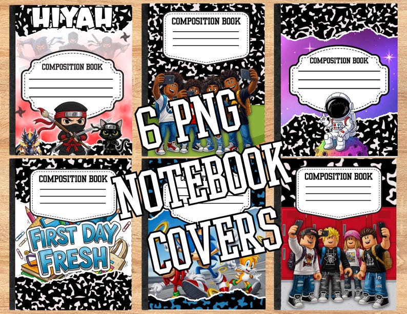 May include: Six composition notebook covers with various designs. One features a ninja, another a group of kids taking a selfie, and another an astronaut. The covers have a black and white speckled background and include the text "COMPOSITION BOOK". The words "6 PNG NOTEBOOK COVERS" are also visible.