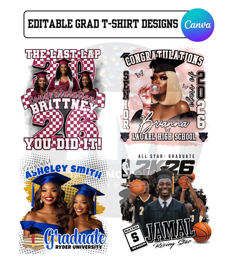 Editable Senior 2026 Graduation T-Shirt Templates: 4 DIY Canva Designs (Digital Download) image 1