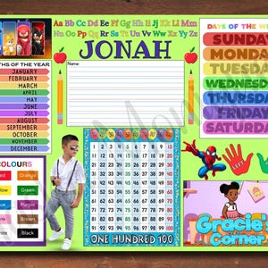 May include: A colorful educational poster for children, featuring the name "Jonah" in large letters. It includes sections for the months, days of the week, colors, and a number grid up to 100. The poster has cartoon characters.