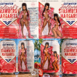 May include: Multiple cans of Cutwater Jalivah's Strawberry Margarita, 10% ABV. The cans and packaging feature a woman in a pink outfit. The text on the cans reads "Cutwater Jalivah's Strawberry Margarita".