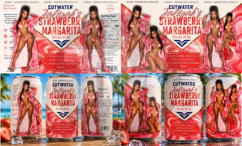 May include: Multiple cans of Cutwater Jalivah's Strawberry Margarita, 10% ABV. The cans and packaging feature a woman in a pink outfit. The text on the cans reads "Cutwater Jalivah's Strawberry Margarita".