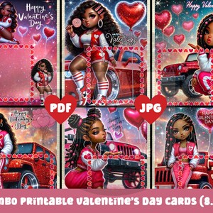 6 biglietti di San Valentino Jumbo / Donne afroamericane Chibi / 8,5x11 PDF + ZIP JPG / Palloncini personalizzati