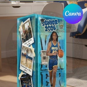 Puede incluir: Una plantilla de taquilla turquesa con el texto "EDITABLE LOCKER TEMPLATE 8X18 IN." y el logotipo de Canva. El diseño presenta una jugadora de baloncesto, fotos y el texto "SENIOR 2026" y "JASMINE WALKER".