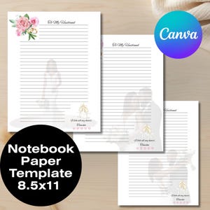 May include: White lined notebook paper template with the text "To My Husband" and "With all my heart, Tomike". The design includes a watercolor illustration of a bride and groom, and a floral arrangement. The paper size is 8.5x11 inches.